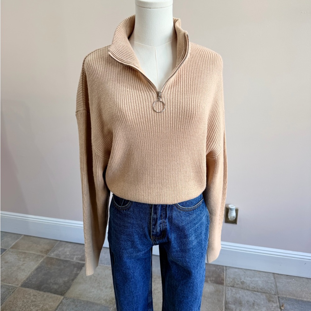 H&M Beige Ribbed Half-Zip Turtleneck Sweater